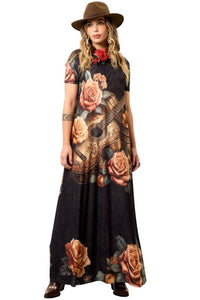 Yacamim Graphite Short Sleeve Long Dress with Guitar Print