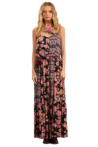 Yacamim Patchwork Print Black Long Dress with Side Slits