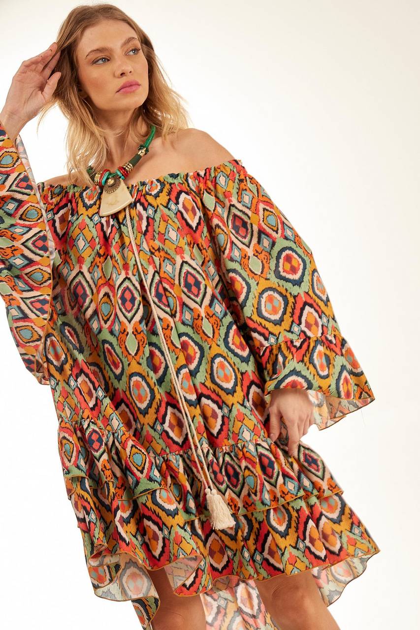 Yacamim Printed Short Gypsy Dress with Wide Sleeves