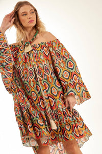 Yacamim Printed Short Gypsy Dress with Wide Sleeves