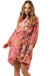 Pink Patchwork Yacamim Short Chemise Dress with Long Sleeves