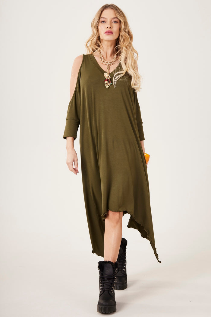Yacamim E4 Plain Moss Green Short Dress with Side Points
