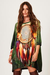 Yacamim Women's Green Dreamcatcher Print Wide Elongated Tunic with Small Stones B15