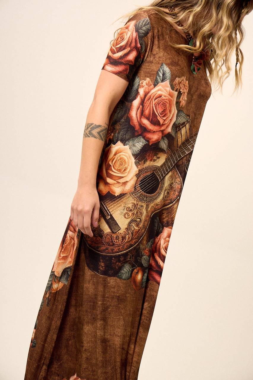 Brown Short-Sleeve Long Dress with Guitar Print Yacamim E11