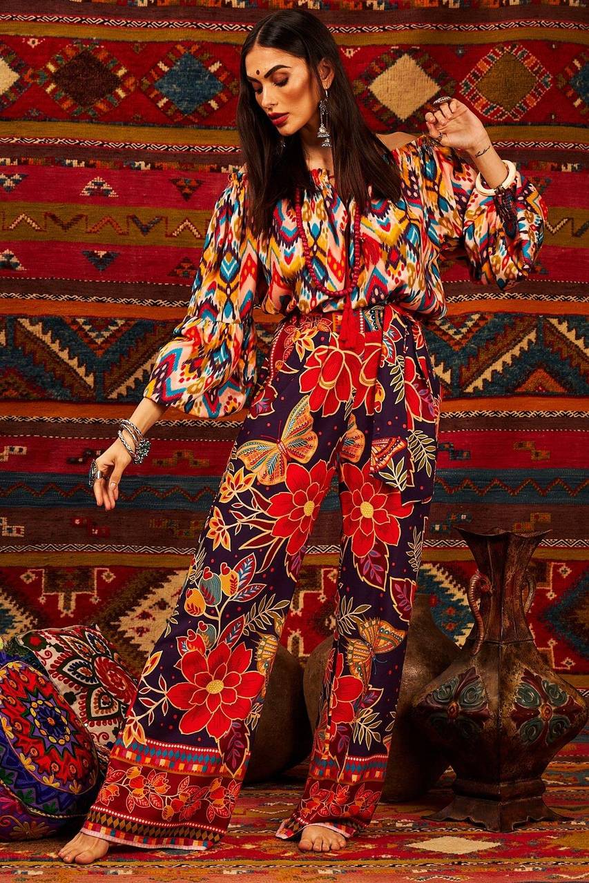 Yacamim Printed Fabric Belt Trousers