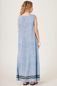 Blue Sleeveless Long Dress with Macaw Print Yacamim C7
