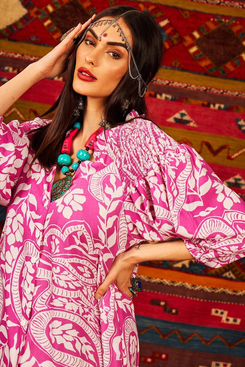 Yacamim Printed Pink Long Chemise Dress with 3/8 Puffed Sleeves