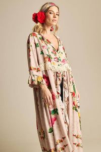 Yacamim C27 Beige Floral Print Midi Dress With Front Slit