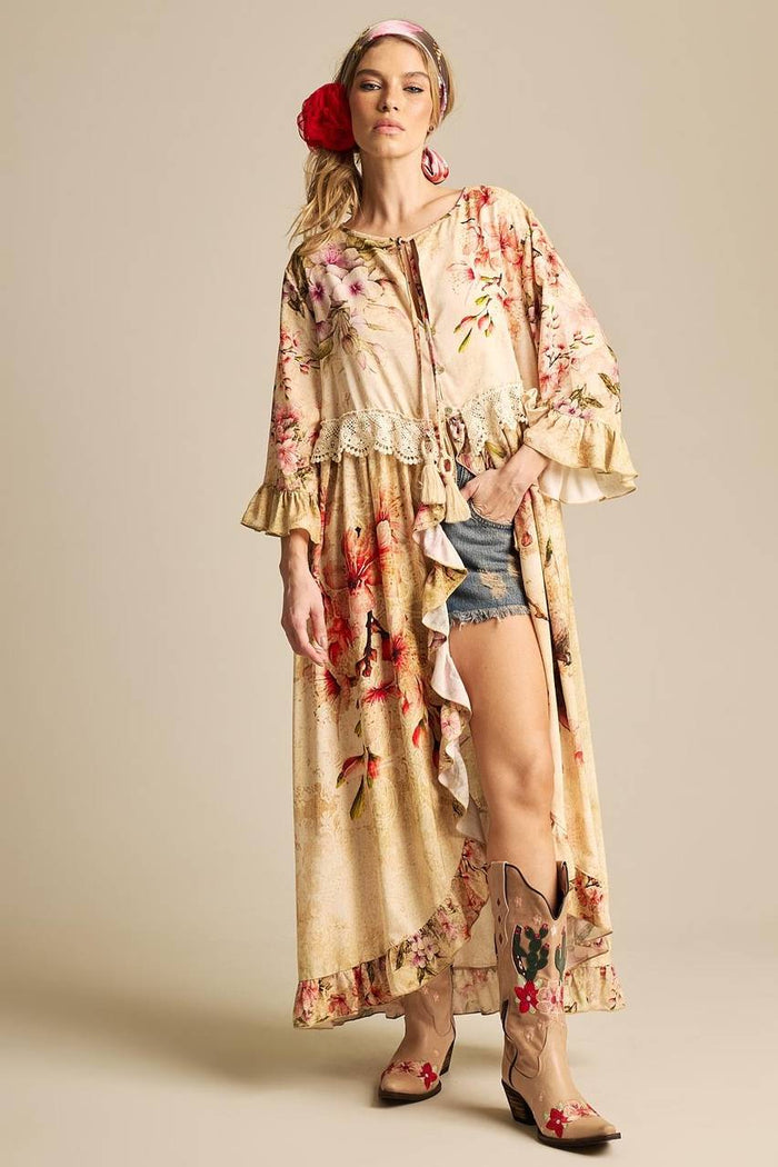 Yacamim D23 Beige Printed Midi Dress With Front Slit