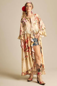 Yacamim D23 Beige Printed Midi Dress With Front Slit