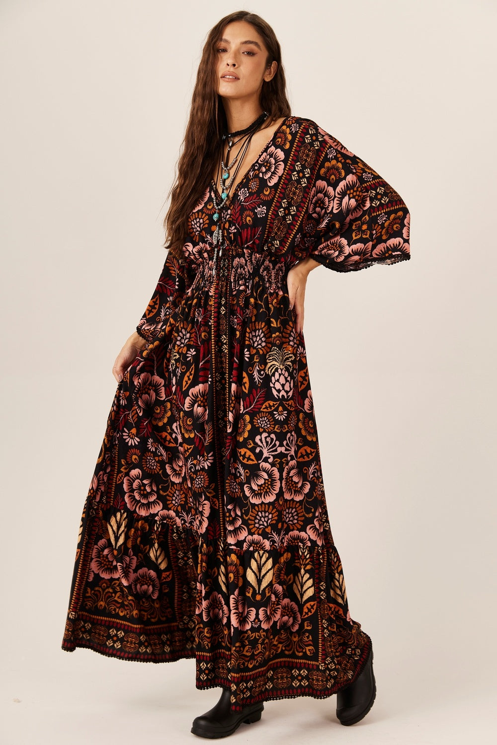 Yacamim C18 Printed Black Shirred Long Dress
