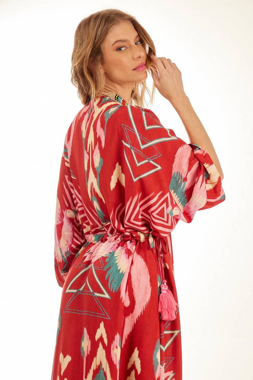 Yacamim Red Printed Long Kaftan with Waist Tunnel