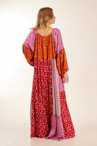 Yacamim Pink Patchwork Wide Long Dress with Puffed Long Sleeves<br />
<p>
</p>