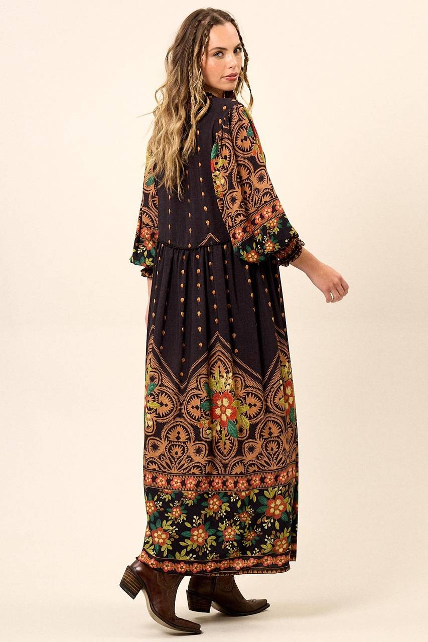 Yacamim Printed Black Flowy Long Dress with Puffy Long Sleeves
