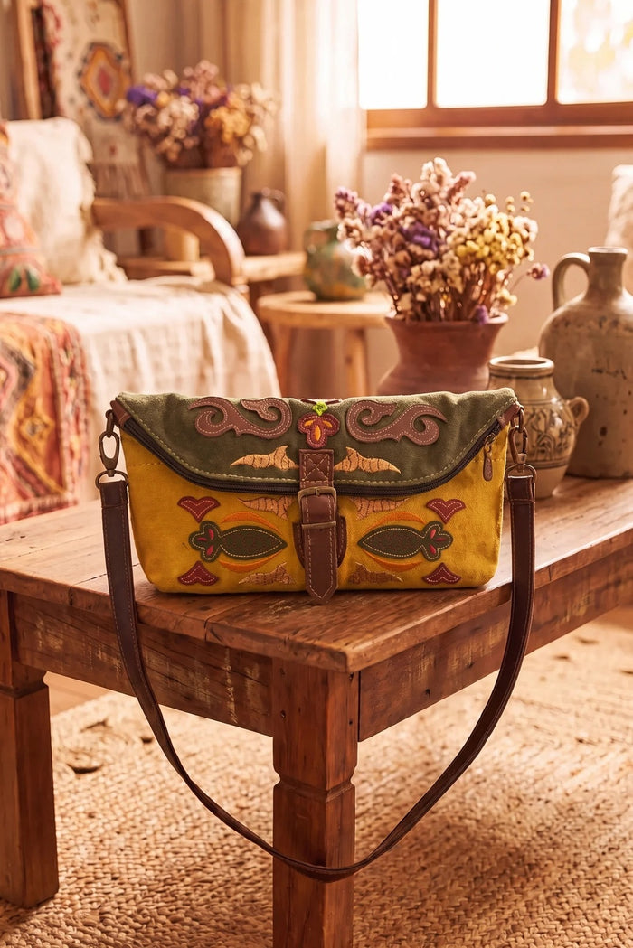 Bolsa Pochete De Lona Artesanal Amarela E Verde Yacamim #1192