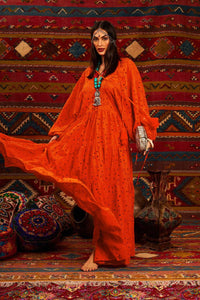 Yacamim Orange Broderie Puffed Sleeve Maxi Dress