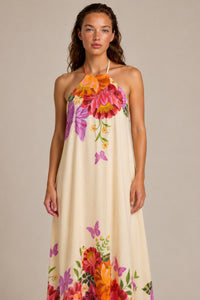 Vestido Longo Frente Única Bege Floral Com Borboletas Yacamim E6