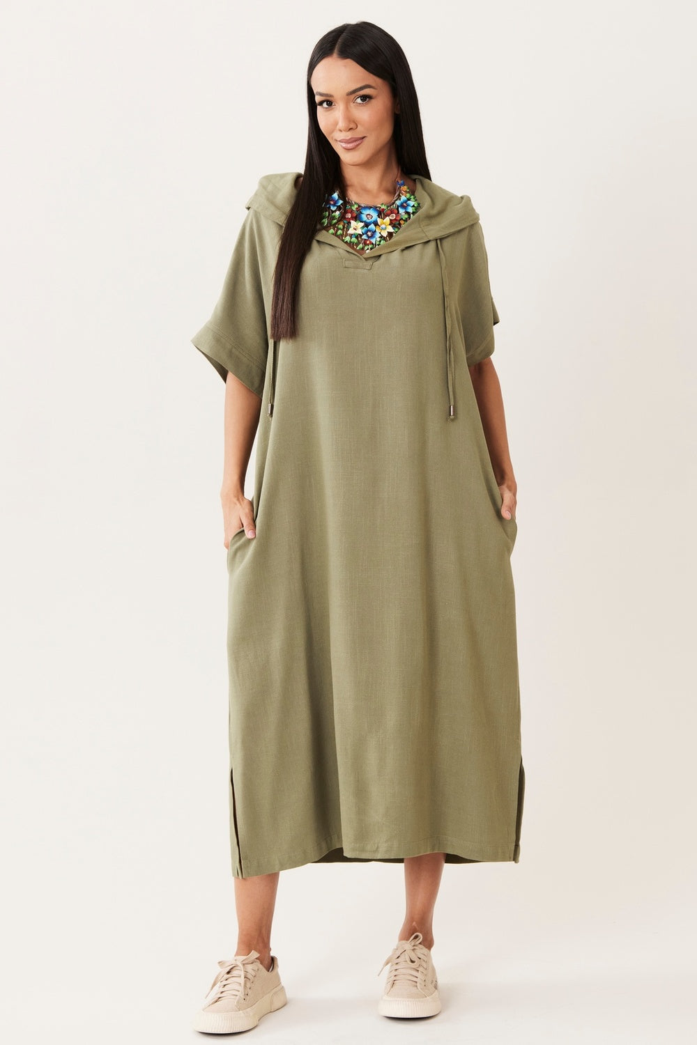 Yacamim Olive Green Viscose Linen Hooded Midi Dress E1
