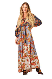 Yacamim D6 Long Patchwork Dress with Puffy Long Sleeves