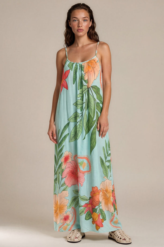 Vestido Longo Alças Reguláveis Costas Abertas Azul Claro Floral Yacamim C30