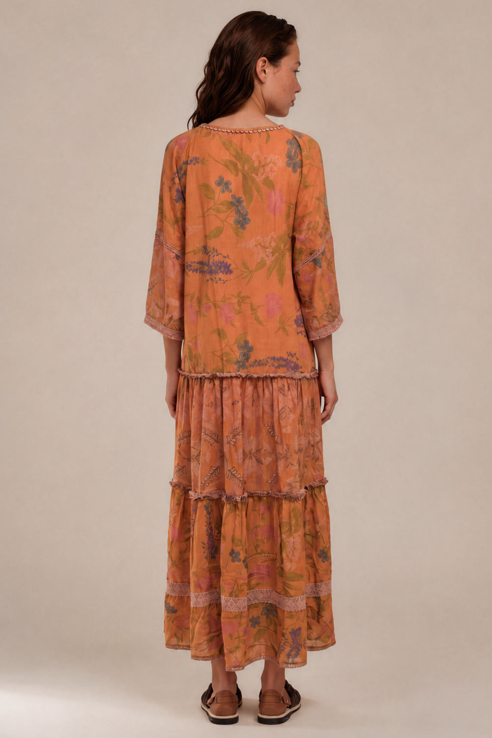 Vestido Longo Laranja Escuro Patchwork Yacamim E20