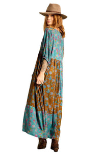 Teal Long Dress with Pom-pom Drawstrings Patchwork Yacamim