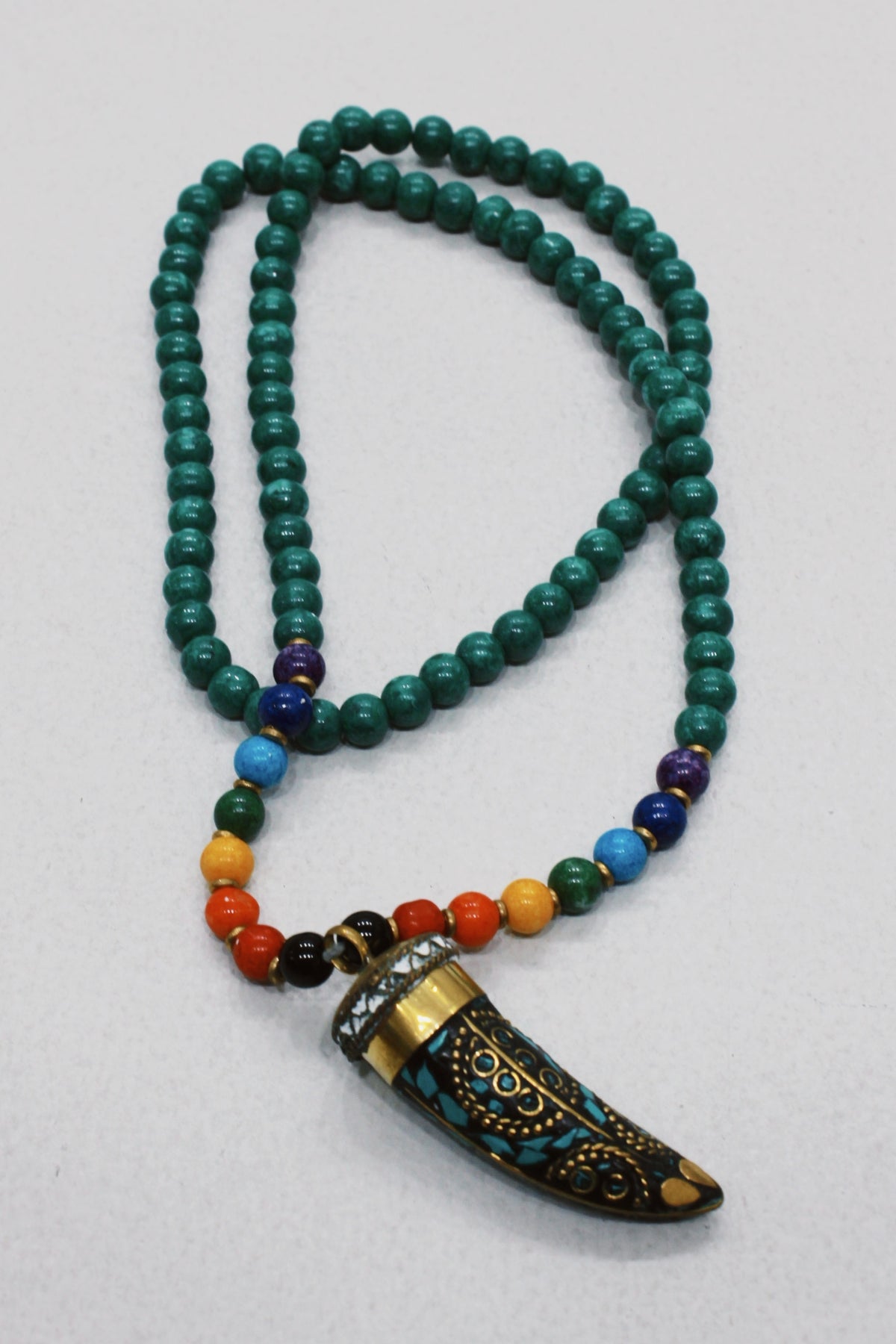 Handmade Necklace with Green Metal Tooth Pendant Yacamim #622