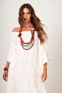 Yacamim C6 Beige Textured Floral Off-the-Shoulder Linen Maxi Dress
