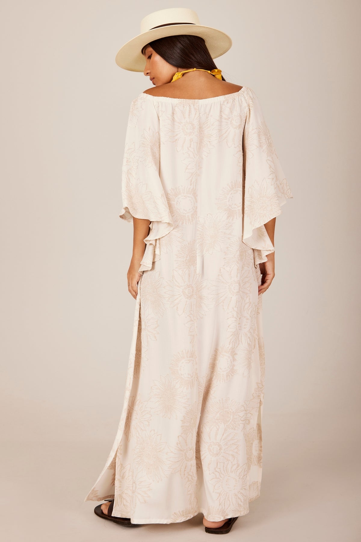 Yacamim E14 Beige Printed Linen Off-the-Shoulder Long Dress