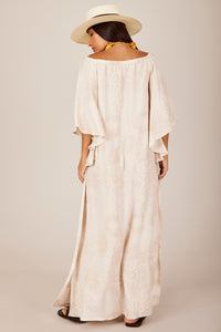 Yacamim E14 Beige Printed Linen Off-the-Shoulder Long Dress