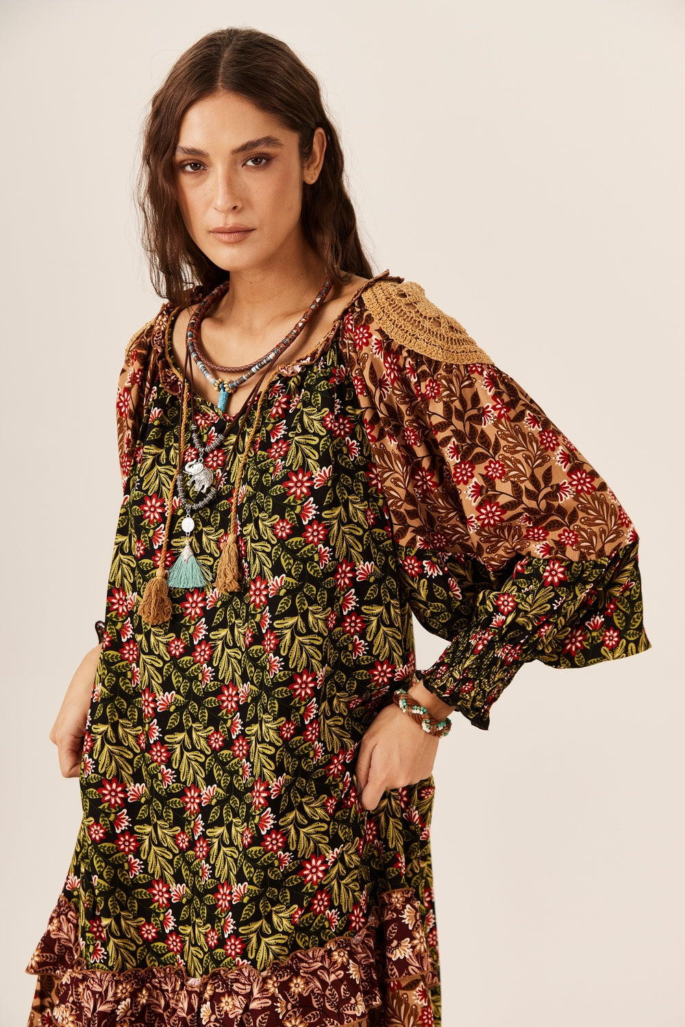 Yacamim C28 Green and Brown Patchwork Wide Midi Dress