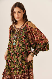 Yacamim C28 Green and Brown Patchwork Wide Midi Dress