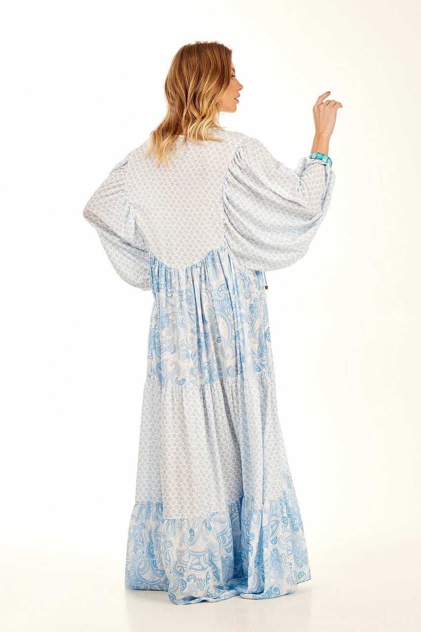 Light Blue V-Neck Patchwork Long Chemise Dress Yacamim