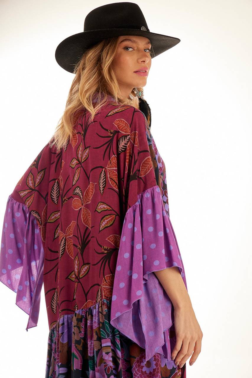 Short Chemise Dress with Asymmetrical Ruffles Purple Patchwork Yacamim<br />
<p>
</p>
