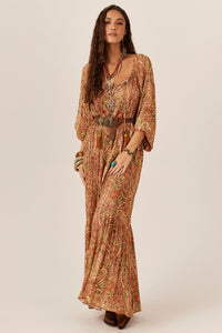 Dark Beige Paisley Lurex Long Dress Yacamim E14