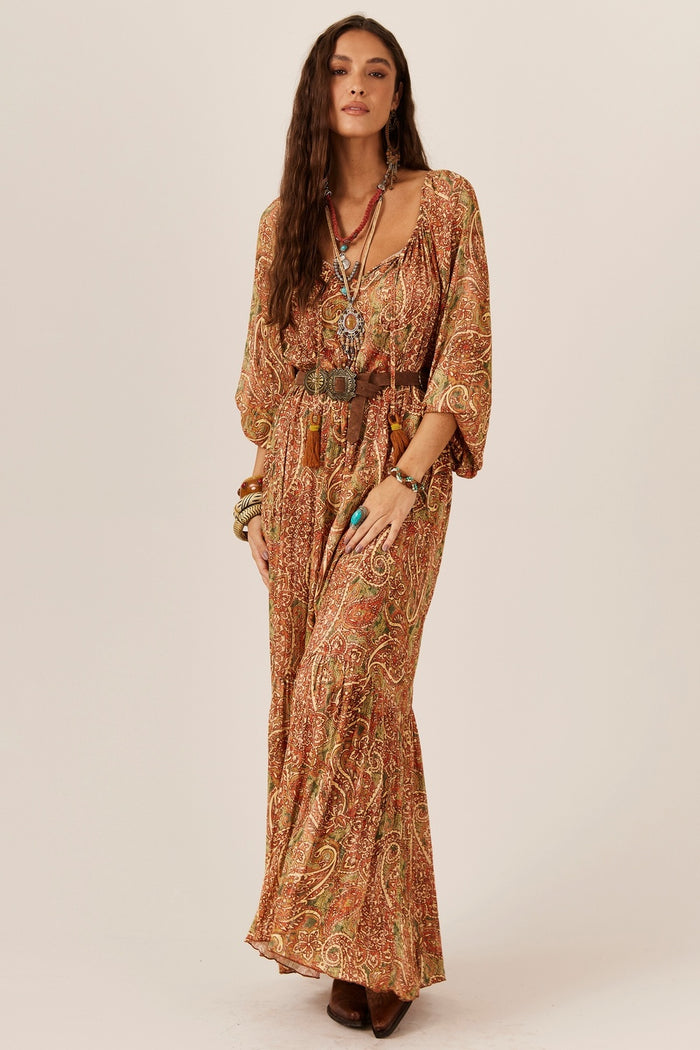 Dark Beige Paisley Lurex Long Dress Yacamim E14