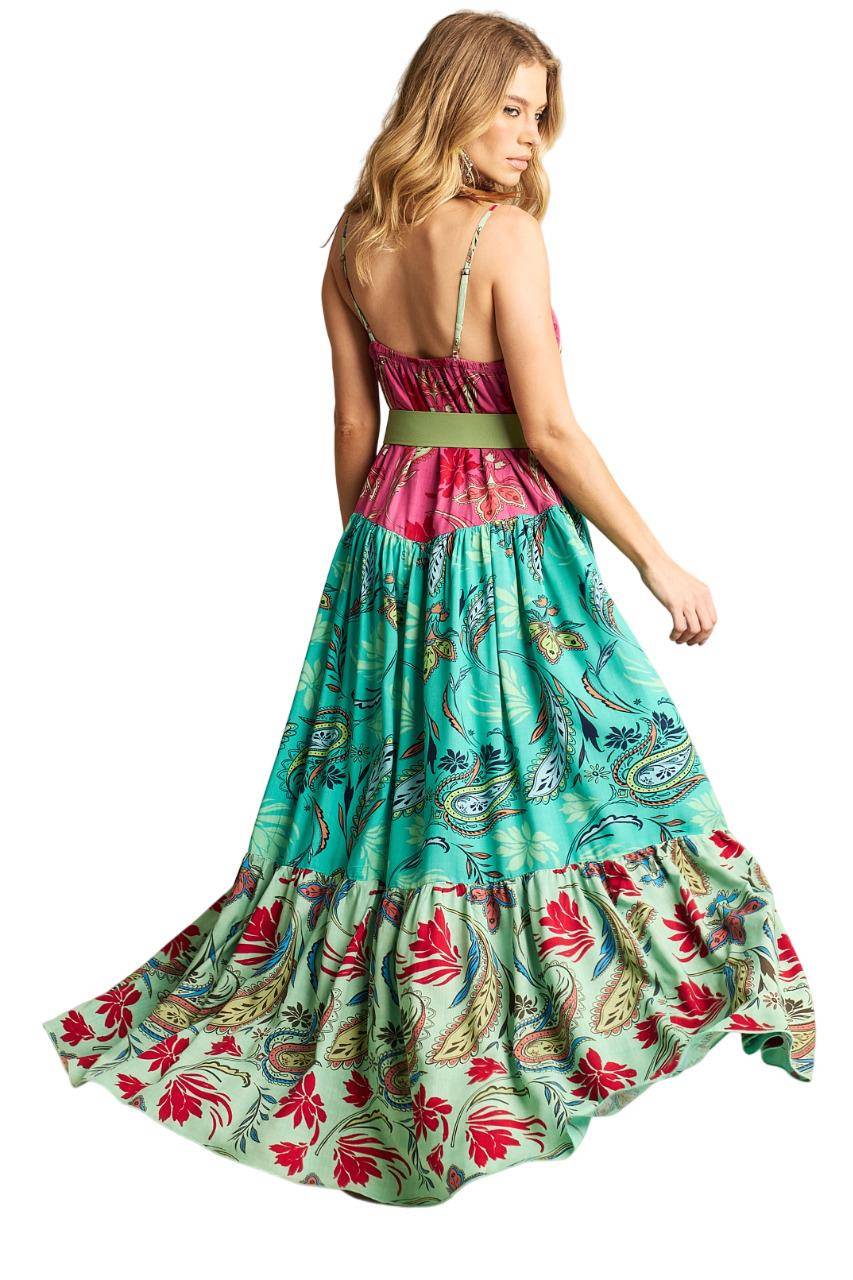 Yacamim D20 Pink and Green Patchwork Long Dress with Adjustable Straps