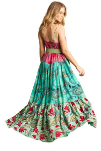 Yacamim D20 Pink and Green Patchwork Long Dress with Adjustable Straps