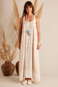 Yacamim Beige Plaid Viscolinho Sleeveless Racerback Maxi Dress
