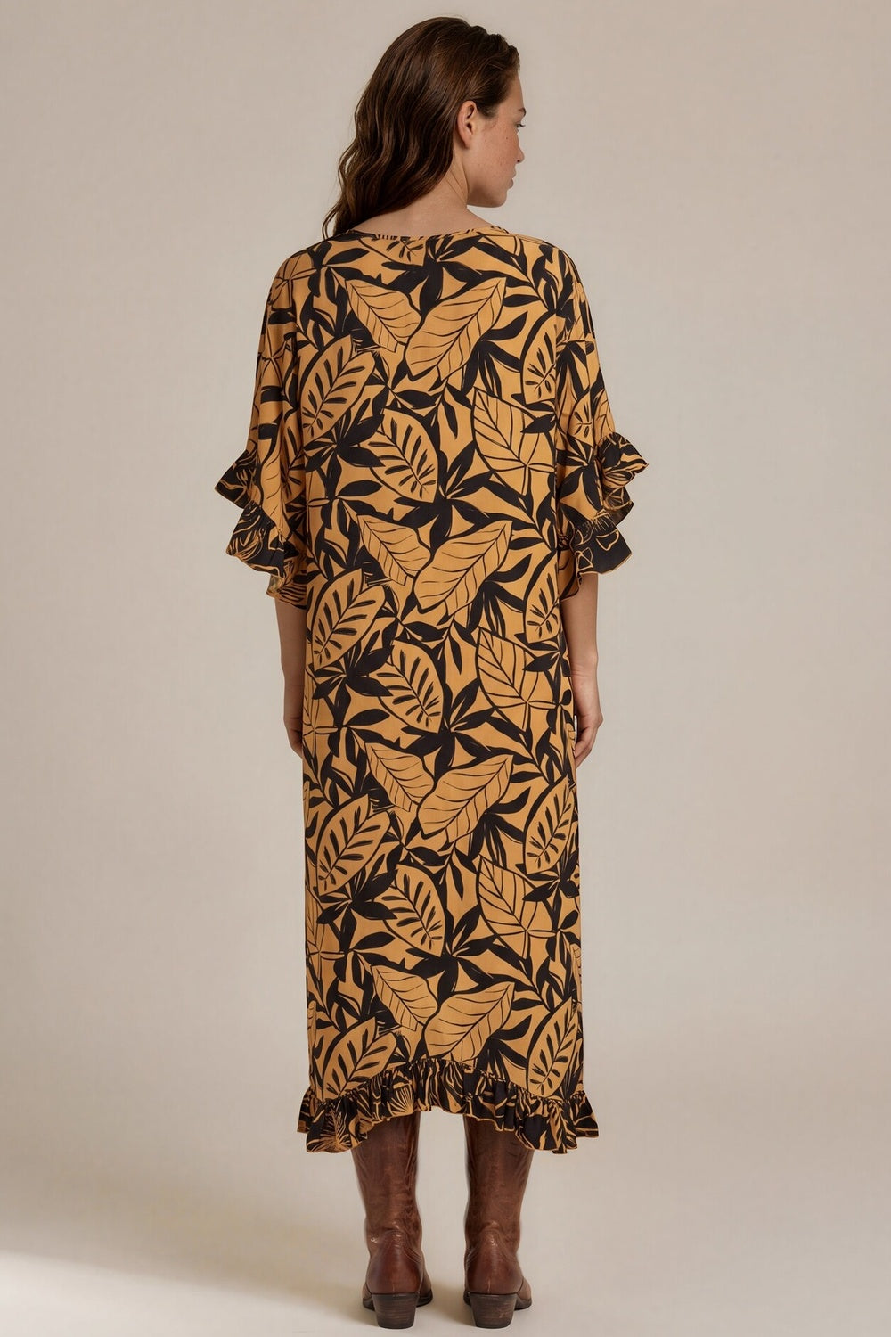 Kaftan Midi Com Pontas Laterais Marrom Claro Estampado Yacamim J10