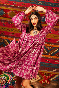 Loose Short Dress with V-neck Purple Printed Yacamim