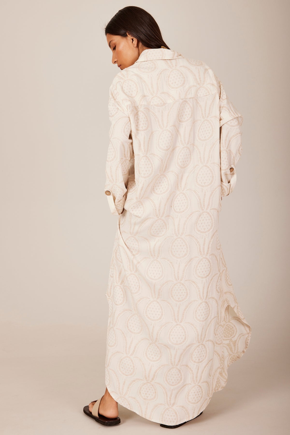 Yacamim N9 Beige Printed Loose Linen Long Shirt