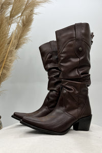 Yacamim Women's Brown Leather Pointed Toe Knee-High Boots #130