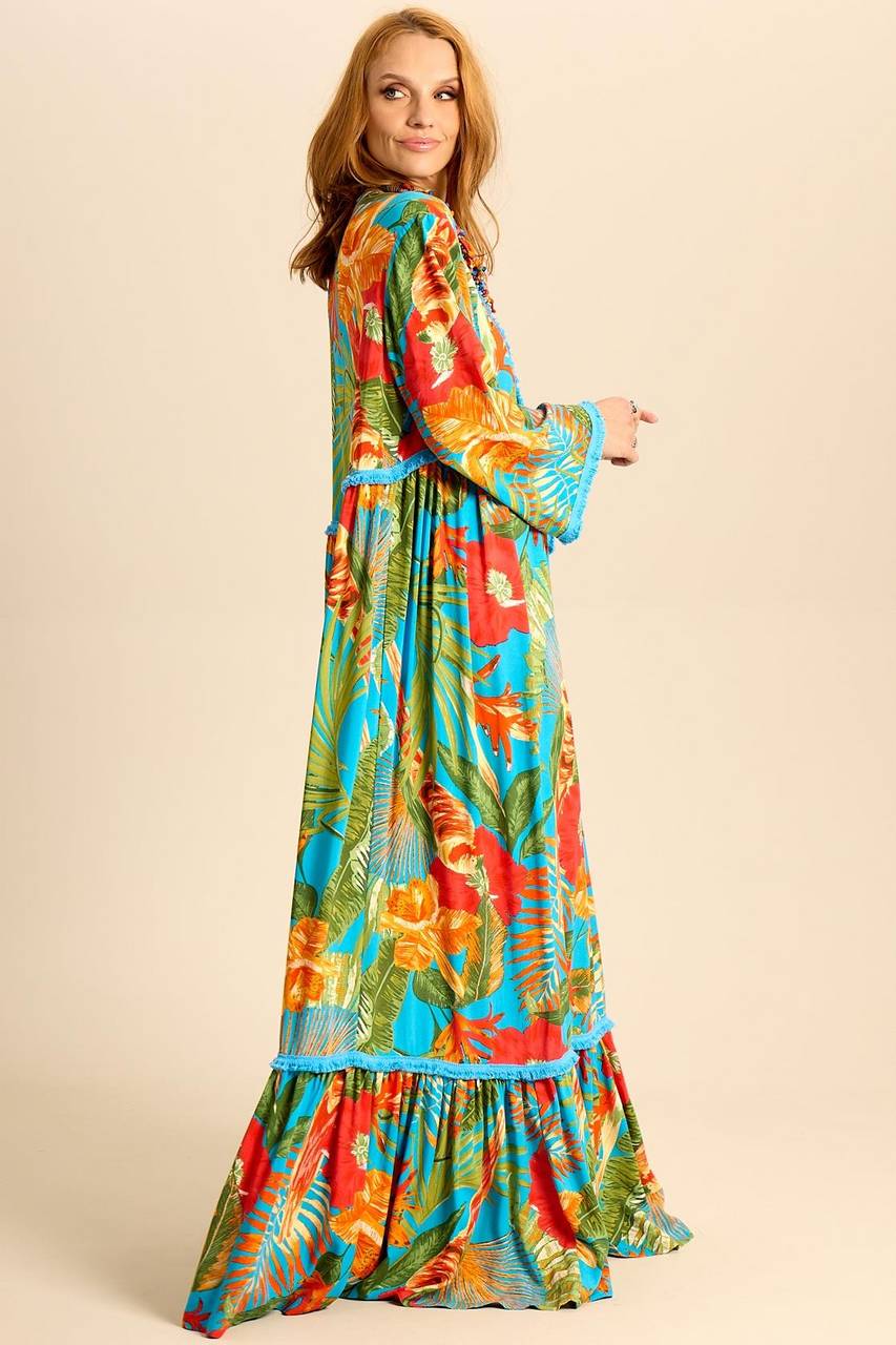 Yacamim Light Blue Long Sleeve Printed Long Dress E18