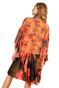 Yacamim Orange Patchwork Asymmetrical Ruffled Short Shirtdress