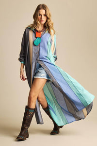 Yacamim N3 Blue and Green Striped Loose Long Shirt