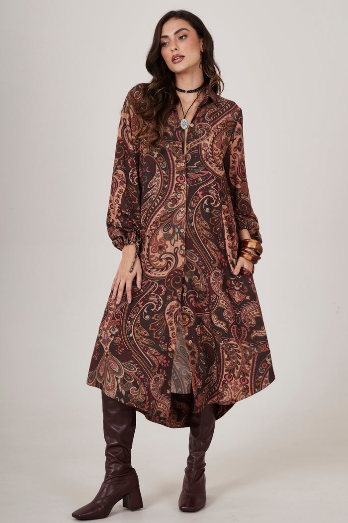 Long Chemise with Burgundy Puffed Sleeves Cashmere Print Yacamim M3