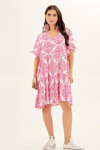 Yacamim Printed Pink V-Neck Short Dress