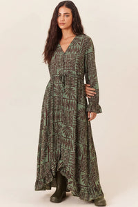 Vestido Longo Com Fechamento De Botões Verde Estampado Yacamim C7