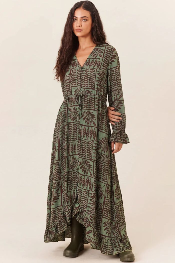 Vestido Longo Com Fechamento De Botões Verde Estampado Yacamim C7